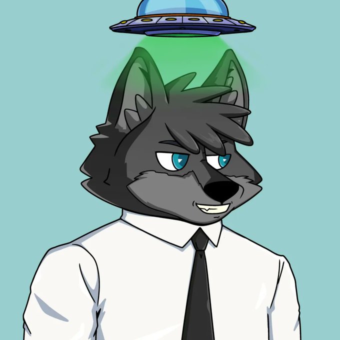 A cartoon illustration of an anthropomorphic dark gray wolf character wearing a white dress shirt and black tie, with a classic UFO abducting him by a green tractor beam over his head.