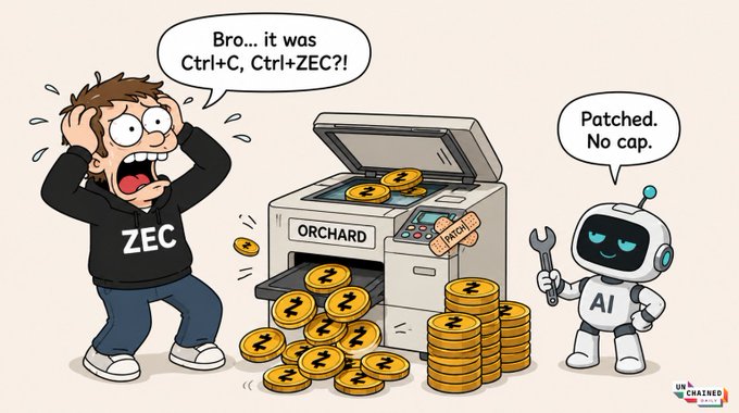 The image features a man wearing an "EZC" shirt, surrounded by several stacks of gold coins. To his right, there's a robot holding a wrench next to another stack of coins. The background appears to be white with some text related to Bitcoin and money management. One sentence reads, "In today' @Unchained_pod Daily newsletter: ZEC tanks are almost at the bottom @Standard Chartered says Bitcoin's bottom is almost here Coinbase launches SpaceX pre-IPO futures with 4x leverage Four major banks are teaming up to kill stablecoins". The overall scene seems to be about money and finance, as indicated by the reference to cryptocurrency and financial institutions.