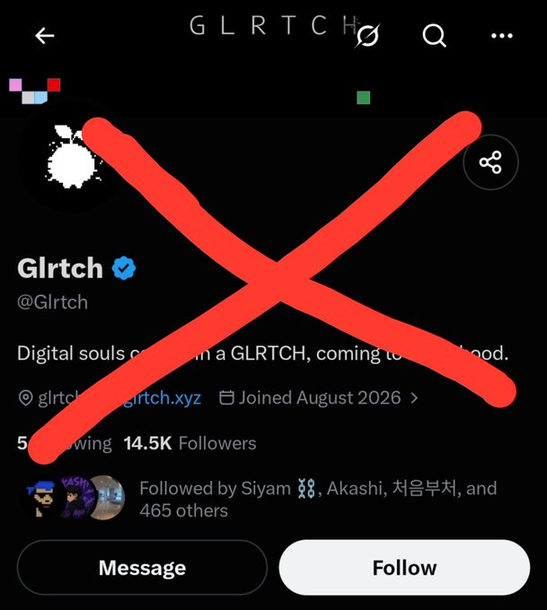 A screenshot of a Twitter/X profile for 'Glrtch' (@Glrtch) with 14.5K followers, featuring the bio 'Digital souls on-chain a GLRTCH' and a large red X drawn across the screen.