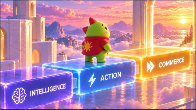 A green cartoon character wearing a red shirt stands on a glowing platform in a cloud-themed fantasy landscape, with three adjacent illuminated blocks labeled 'INTELLIGENCE,' 'ACTION,' and 'COMMERCE.'