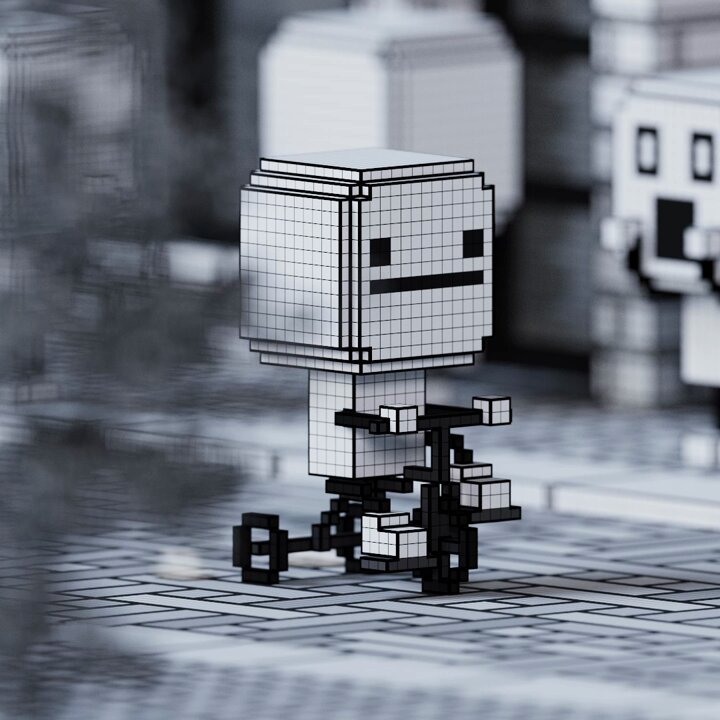 The image features a small white cube-like robot with a bicycle attached to its back, riding down a street or sidewalk. The background of the image includes other smaller robots and buildings, creating an urban setting for the scene. The caption above the image reads "Happy Thursday! #XRP almost at the weekend fundamentals strong, community stronger!".
