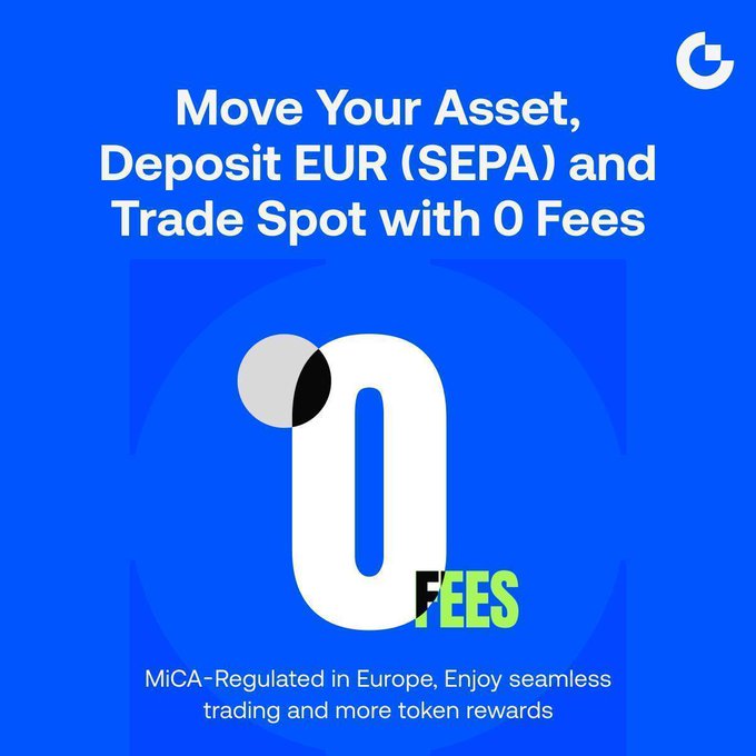 A bold blue promotional graphic for Gate.io's EU platform featuring "0 FEES" in large stylized typography. The headline reads "Move Your Asset, Deposit EUR (SEPA) and Trade Spot with 0 Fees," with subtext highlighting "MiCA-Regulated in Europe, Enjoy seamless trading and more token rewards," visually reinforcing the post's announcement of zero-fee EUR deposits and spot trading through Gate.eu.