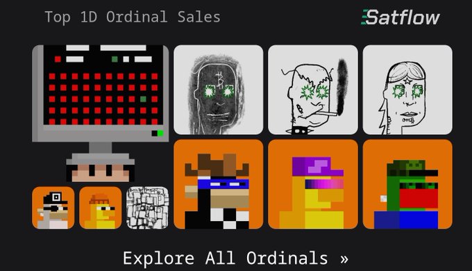A Satflow promotional graphic showing 'Top 1D Ordinal Sales' featuring pixel art NFT characters including figures with green dollar-sign eyes.