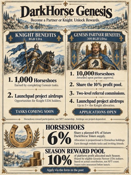 A 'DarkHorse Genesis' promotional poster detailing Knight Benefits (1,000 Horseshoes, launchpad airdrops) and Genesis Partner Benefits (10,000 Horseshoes, 10% profit pool share, two-level referrals), with a 6% Horseshoe token allocation and 10% Season Reward Pool.