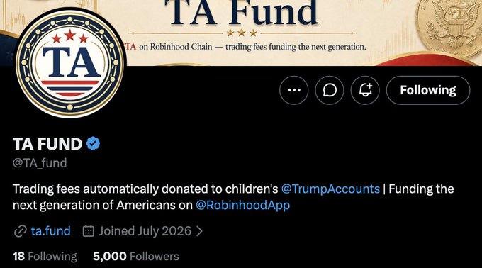 The image shows the Twitter/X profile page for "TA FUND" (@TA_fund), featuring a verified account with a circular navy and gold logo displaying "TA" with stars and stripes. The bio reads: "Trading fees automatically donated to children's @TrumpAccounts | Funding the next generation of Americans on @RobinhoodApp." The header banner describes "TA Fund on Robinhood Chain — trading fees funding the next generation." The profile shows 18 Following, 5,000 Followers, joined July 2026, with a link to ta.fund. The accompanying post celebrates reaching 5,000 followers, matching the follower count shown in the image, and promotes the fund's mission of using trading fees to support Trump's children's savings accounts through the $TA token on Robinhood.