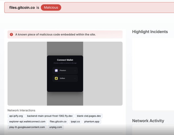 A screenshot of a computer screen showing a website with a red "malicious" message and an error bar indicating that the page has been blocked or is being monitored by security software. The webpage contains the text "Security Alert Blockaid's detection engine identified a front-end attack affecting @gitcoin subdomain files[.]gitcoin[.]co", which refers to a specific code on the site. This website has been blocked, and users are advised not to interact with it until further notice.