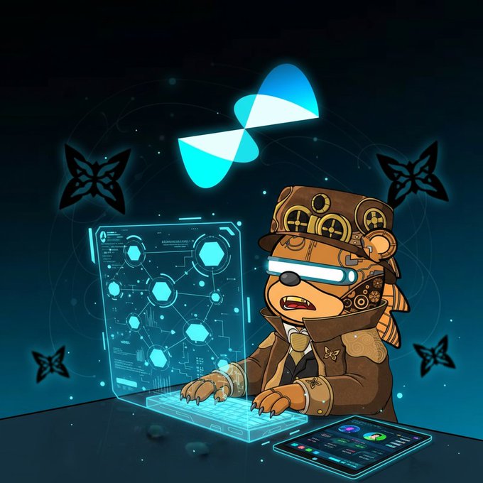 The image features a cartoon bear sitting at a desk with a laptop, wearing a hat that has a pair of blue eyes. There are also two other black circles floating around the bear's head. The background shows a dark blue sky filled with white stars, giving the impression of a starry night or a moonless night. The image is accompanied by a caption that reads "Good quip morning Diving into the testnet on @quipnetwork today Node manager runs super smooth this round That community explorer is handy for monitoring The decentralized compute tests feel promising Worldwide quantum computer vision keeps inspiring me Daily engagement on".