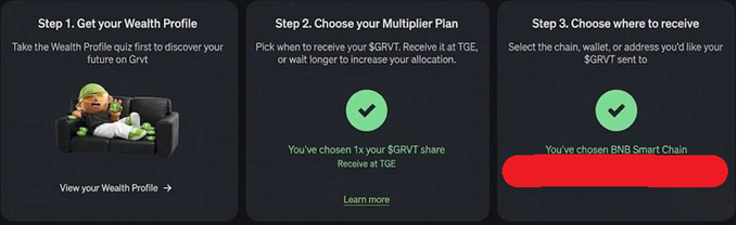 A three-step process diagram for claiming a $GRVT token airdrop: Step 1 (Get your Wealth Profile), Step 2 (Choose your Multiplier Plan - showing 'You've chosen 1x your $GRVT share'), and Step 3 (Choose where to receive - showing 'You've chosen BNB Smart Chain').