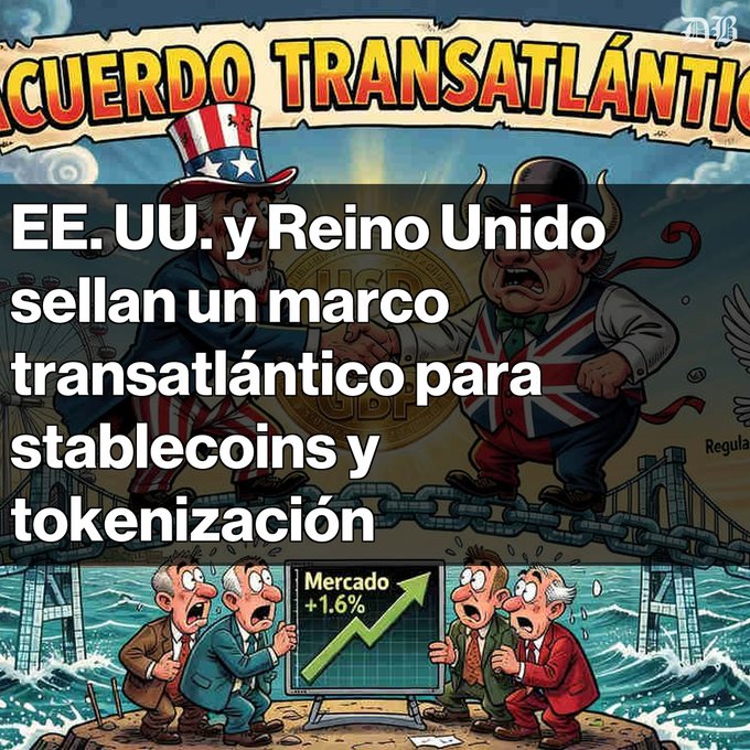 A cartoon-style illustration titled 'ACUERDO TRANSATLÁNTICO' showing Uncle Sam and a British figure (John Bull) shaking hands over a chain bridge, with shocked businessmen below; overlaid Spanish text reads 'EE. UU. y Reino Unido sellan un marco transatlántico para stablecoins y tokenización' and a chart shows 'Mercado +1.6%'.