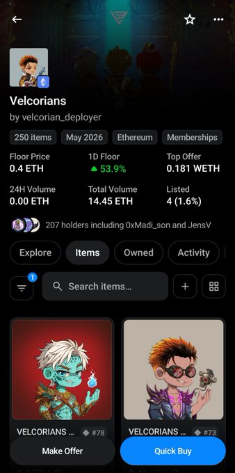 The image displays a Web3 NFT marketplace listing for the "Velcorians" collection on Ethereum, showing a floor price of 0.4 ETH with a 53.9% increase in 1D floor. It directly relates to the post by highlighting the 0.4 ETH floor price the author references as they anticipate the collection reaching 1 ETH.
