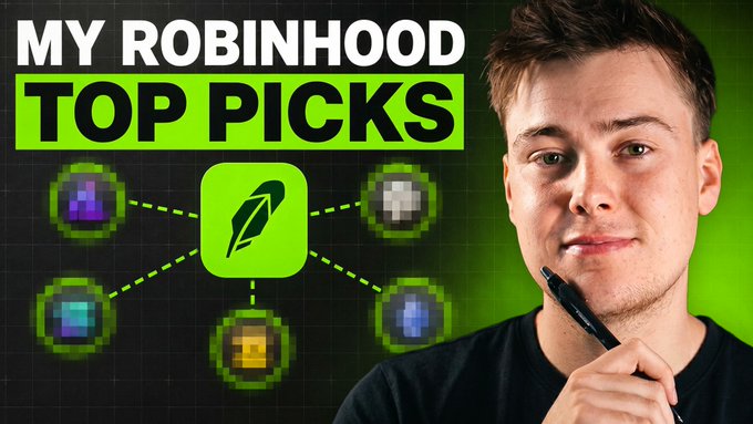 A young man holds a pen beside bold text reading "MY ROBINHOOD TOP PICKS," with the Robinhood logo surrounded by pixelated crypto coin icons on a green grid background, visually promoting his video guide highlighting his favorite picks on the Robinhood chain.