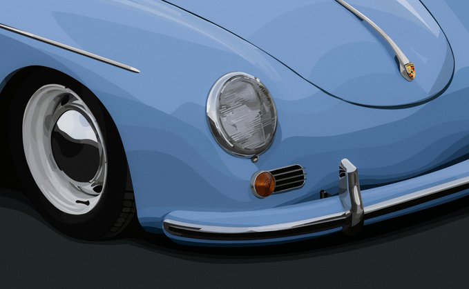 A close-up illustration of the front quarter of a light blue vintage Porsche, featuring its round headlight, chrome bumper, and the iconic hood crest.