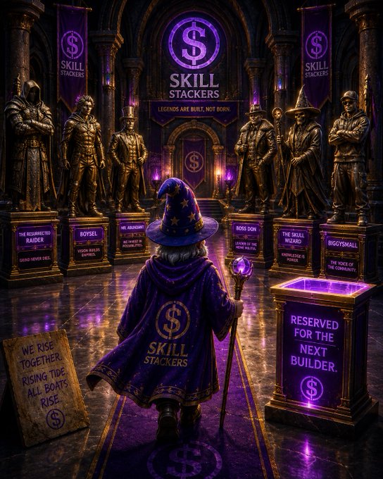A fantasy digital artwork depicting a small wizard in a purple 'SKILL STACKERS' cloak standing before golden statues and glowing '$' dollar sign pedestals.