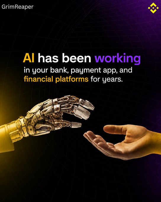 The image features a poster with an illustration of a robot hand reaching out towards another person's hand. The poster includes text that reads "AI has been working inside your bank, payment app, and financial platforms for years." This suggests that AI technology is integrated into various aspects of our lives, including banking and payments.