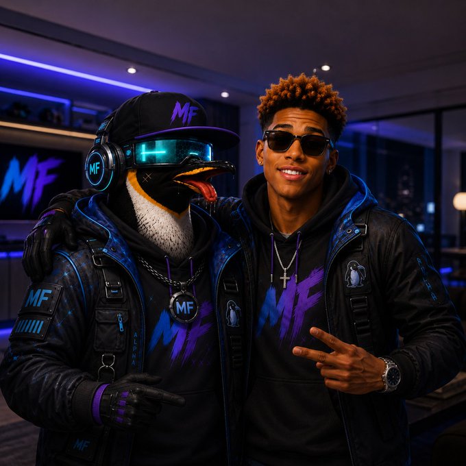 A young man in sunglasses and a black "MF" hoodie poses next to a person wearing a penguin mask, glowing VR goggles, and matching "MF" gear in a neon-lit room.