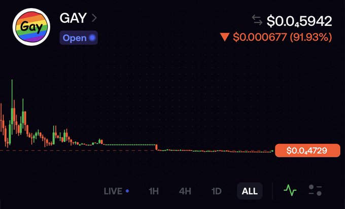 The image shows a cryptocurrency chart for the token "GAY" with a rainbow logo, currently priced at $0.04594 with a steep 91.93% decline highlighted in red. The "ALL" timeframe is selected and the chart shows the token's price has flattened near the bottom, illustrating the post's lament about holding a coin that has lost nearly all its value.