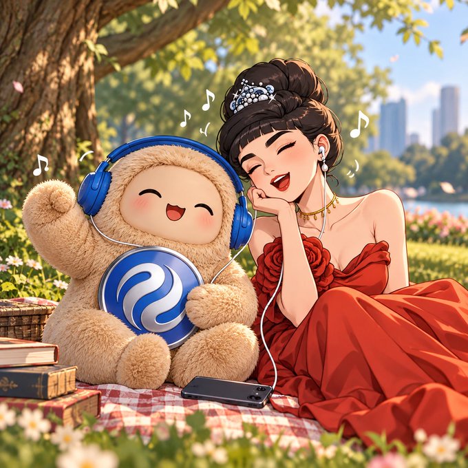 An animated illustration of a woman in a red dress sitting on a picnic blanket with a cute brown teddy bear wearing blue headphones; the bear holds a circular logo.
