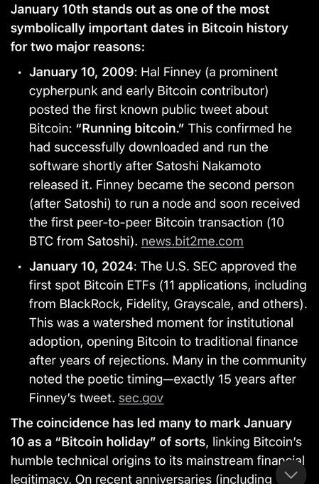 Text discussing the significance of January 10th in Bitcoin history, mentioning Hal Finney's 2009 'Running bitcoin' tweet and the SEC's 2024 spot Bitcoin ETF approval.