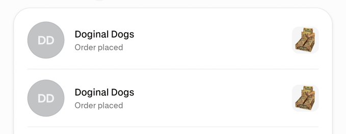 Two "Doginal Dogs" orders marked as "Order placed," shown with DD profile icons and small dog figurine thumbnails. The image illustrates the post about ordering more DDLTCG (Doginal Dogs collectible trading cards).