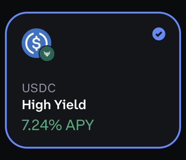 A dark promotional card displays USDC with a High Yield rate of 7.24% APY, featuring a USDC coin logo and a green checkmark. The image contrasts this static high-yield savings option against the post's argument for keeping funds on Coinbase, emphasizing the opportunity cost of missed trading moments in crypto, equities, and prediction markets.