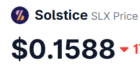 A Solstice (SLX) price ticker showing the current price as $0.1588 with a red downward arrow indicating a price decrease.