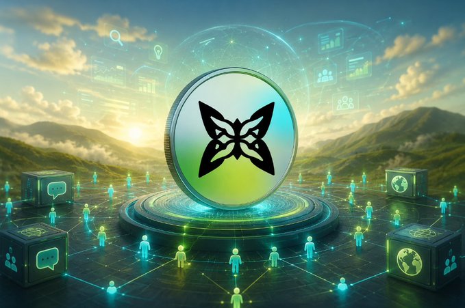 A digital illustration showing a large coin with a butterfly-like logo in the center, surrounded by a network of human figure icons connected by lines, set against a mountainous landscape with floating data icons.