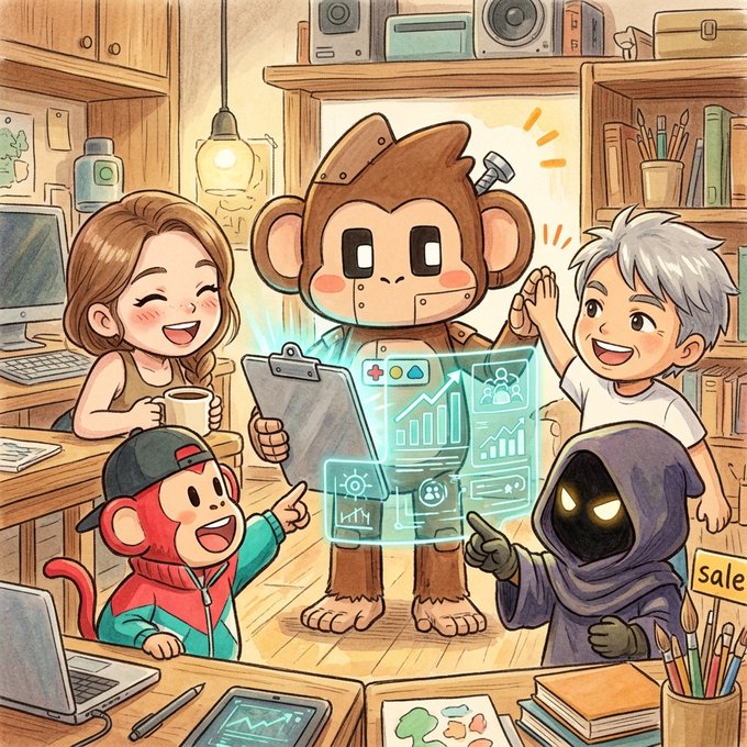 A colorful illustration depicts a cheerful monkey character with a bolt in its head interacting with a holographic interface, surrounded by smiling children and a hooded figure in a workshop setting.