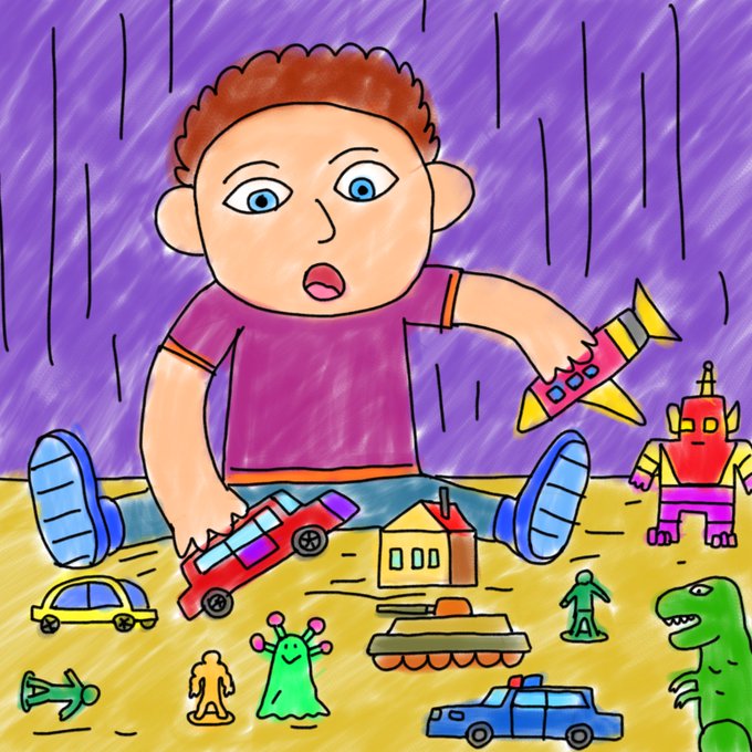 A child's colorful crayon drawing of a boy with brown hair and blue eyes playing with various toys including cars, a tank, a robot, a dinosaur, and action figures on a yellow floor with purple striped walls.