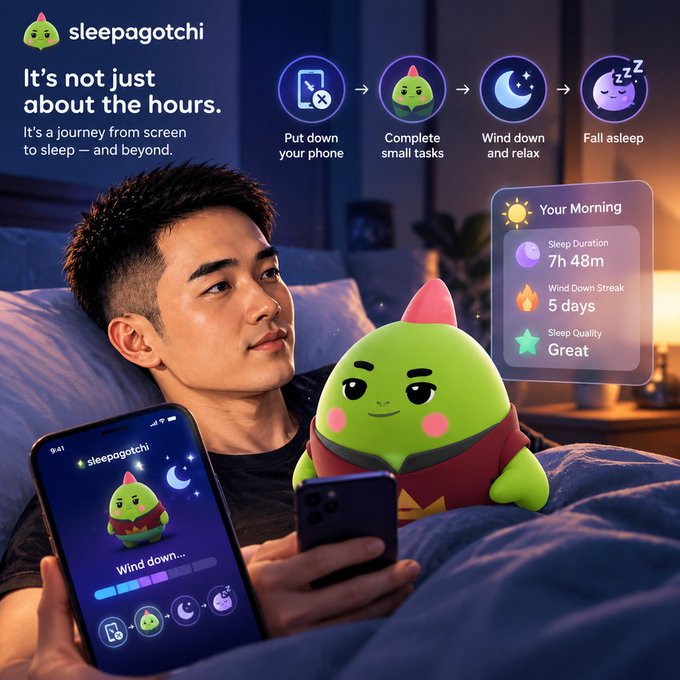 An advertisement for the 'sleepagotchi' app showing a man in bed with a green character, promoting a journey from 'screen to sleep' with stats like 'Sleep Duration 7h 48m' and 'Sleep Quality Great'.