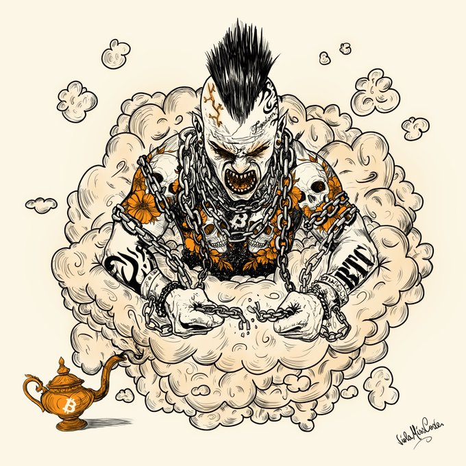 An illustration of a punk character with a spiky mohawk, face tattoos, chains, and a skull, surrounded by clouds with a teapot bearing a Bitcoin symbol at the bottom.