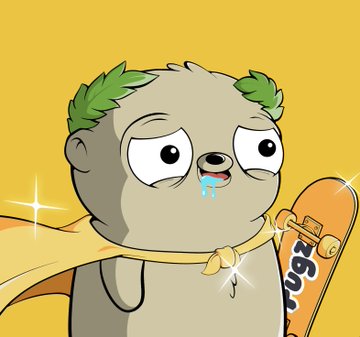 The image features a cartoon character wearing a yellow scarf with "Fuggers" written on it. The character has a skateboard attached to its back and appears to be holding a skateboard as well, suggesting that they are ready for some action or adventure. The background of the image is yellow, which complements the overall color scheme of the cartoon character's outfit.