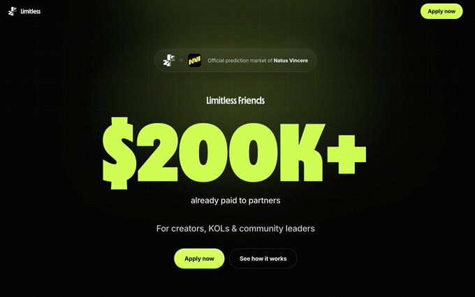 A promotional webpage for Limitless displaying '$200K+ already paid to partners' for creators, KOLs, and community leaders, noting it as the official prediction market of Natus Vincere, with 'Apply now' buttons.