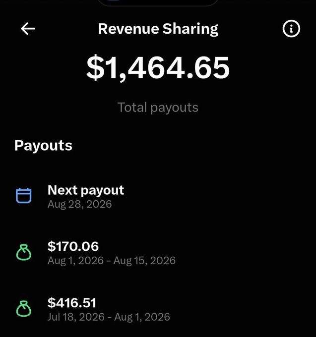 A mobile app screen showing a Revenue Sharing page with total payouts of $1,464.65, including a $170.06 payout from Aug 1–15, 2026, a $416.51 payout from Jul 18–Aug 1, 2026, and a next payout scheduled for Aug 28, 2026.