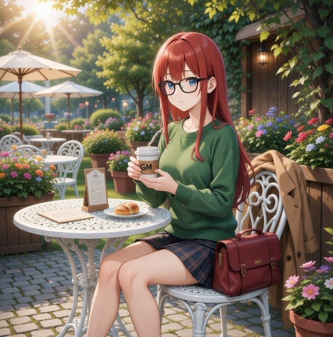 An anime-style illustration depicts a red-haired girl with glasses sitting at a white outdoor café table, holding a cup labeled 'GM' with a croissant on a plate beside her.