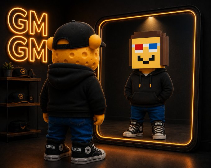 Two cartoon figures stand in a dark room with neon orange lighting, one with a cheese-moon head and cap, the other with a Minecraft-style block head, with 'GM' neon signs glowing nearby.