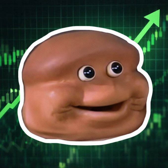A humorous internet meme features a potato with googly eyes superimposed over a green stock chart background with an upward-pointing arrow, representing rising prices.