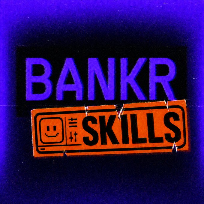 The image features a purple background with an orange sign that says "Bankr Skills" written in black letters. Below this, there are three small smiley faces drawn in white. The text "here's what you can do with the bankr skills directory - spot, perps, DCA, polymarket bets via bankr -". This suggests that the image is related to a tutorial or guide on how to use the Bankr skills directory for various tasks such as spotting fake news, analyzing cryptocurrency trends, and making informed decisions in the financial markets.