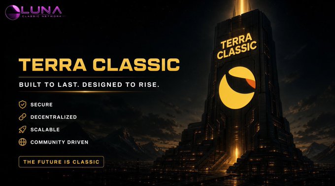 The image features an advertisement for a cryptocurrency called "terra classic". The advertisement is displayed against a dark background, which emphasizes the importance of the product being advertised. The main focus of the advertisement is a large building with a yellow tower on top, symbolizing the rise and growth of the cryptocurrency. The text in the image reads: "Terra Classic", "Built to last, designed to rise", "Serve you", "The future is classic", and "The future is classical". These descriptions highlight the benefits and features of the cryptocurrency, making it an appealing investment opportunity for those interested in digital assets or blockchain technology.