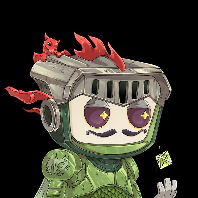 An illustration depicts a chibi-style knight in green armor with a small red dragon on its helmet and a floating polyhedral die.