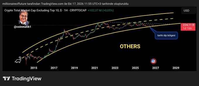 The image shows a TradingView chart of the "Crypto Total Market Cap Excluding Top 10" (OTHERS), displayed in USD with a current value of 224.11B (+0.05%), featuring a parabolic ascending channel structure from 2015 to 2029 on a logarithmic scale, with a Turkish annotation marking a "tarihi dip bölgesi" (historic bottom zone). The accompanying post highlights that this OTHERS chart has reached a minor descending trend point after a short-term rejection, suggesting a potential pullback to gather strength before breaking the downtrend, in relation to BTC movements.