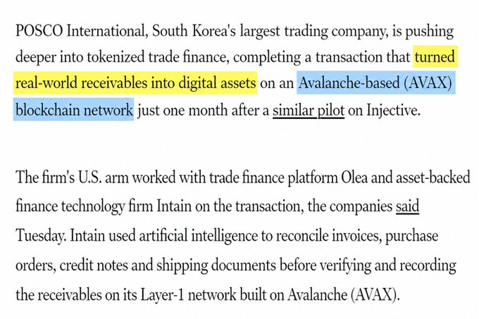 The image shows a news excerpt reporting that POSCO International, South Korea's largest trading company, completed a tokenized trade finance transaction converting real-world receivables into digital assets on an Avalanche (AVAX)-based blockchain, partnering with Olea and Intain, who used AI to reconcile invoices and shipping documents on its Layer-1 network.