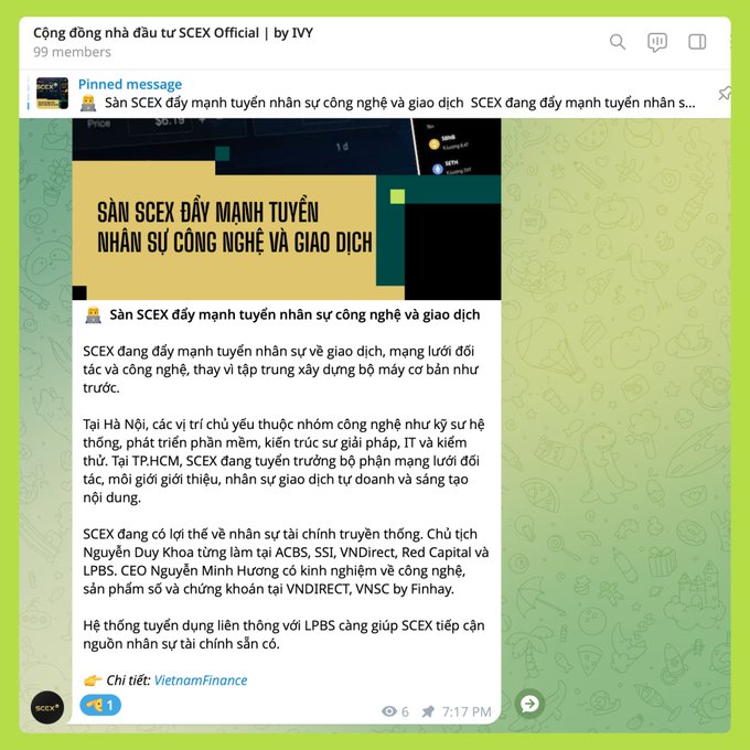 A screenshot of the "Cộng đồng nhà đầu tư SCEX Official | by IVY" Telegram group with 99 members, featuring a pinned message announcing that SCEX (Vietnam's stock exchange) is aggressively recruiting tech and trading personnel in Hanoi and Ho Chi Minh City, with job postings connected to partners like ACBS, SSI, VNDirect, Red Capital, and LPBS via VNDIRECT and Finhay. The image directly supports the post's announcement of the new SCEX-IVY investor community following their strategic partnership.