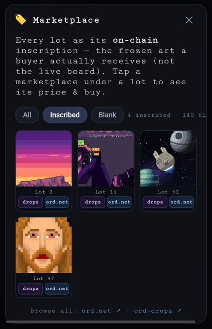 Marketplace interface for Ordinals/inscriptions showing available lots (Lot 2, Lot 14, Lot 31, Lot 47) with pixel art including a sunset landscape, fantasy scene, space scene, and a portrait.