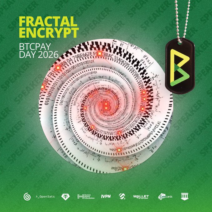 The image features a poster with a white spiral design, which appears to be a representation of a code or a message. The poster has a green background and yellow text that reads "Fractal Encrypt". Below this, there are various logos and text related to Bitcoin and Cryptocurrency. One of the logos is for a hotel called Hotel Duo, while another logo is for BitcoinPrague. The image also includes a small black and white tag attached to it with a chain.