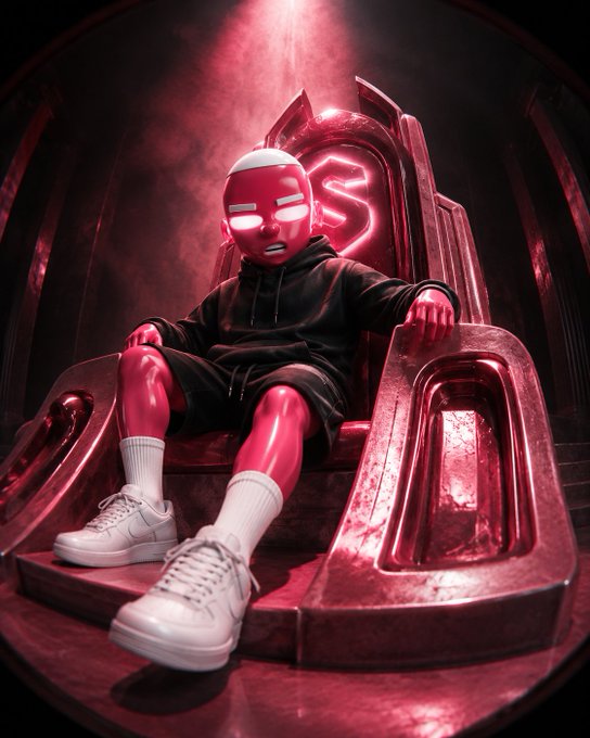 A 3D render of a figure in a red mask and black hoodie sitting on a glowing red throne, wearing white sneakers.