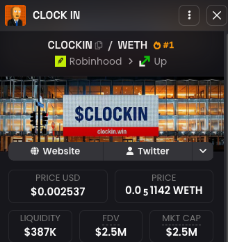 Token information card for $CLOCKIN showing Robinhood exchange listing with price $0.002537 USD (0.0051142 WETH), liquidity $387K, FDV $2.5M, and market cap $2.5M.