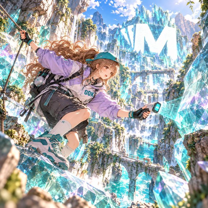 Anime-style artwork of a young woman with a teal cap and hiking gear climbing through a crystalline, waterfall-filled landscape with a large 'M' logo in the background.