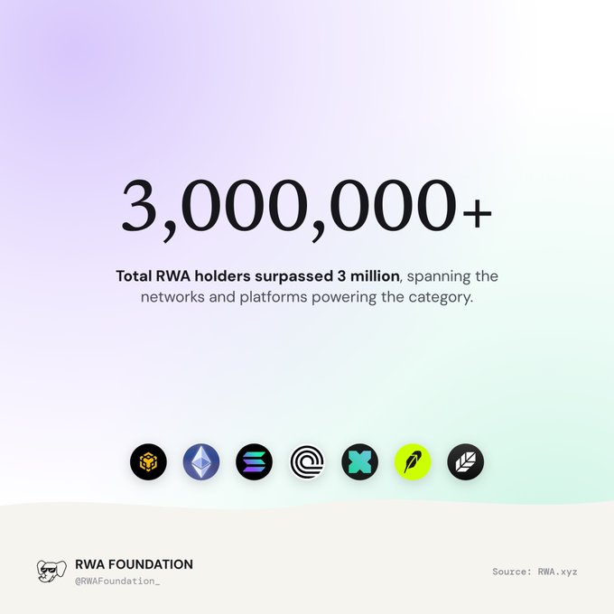 A graphic stating '3,000,000+' total RWA holders across various blockchain networks and platforms, sourced from rwa.xyz and credited to RWA Foundation.