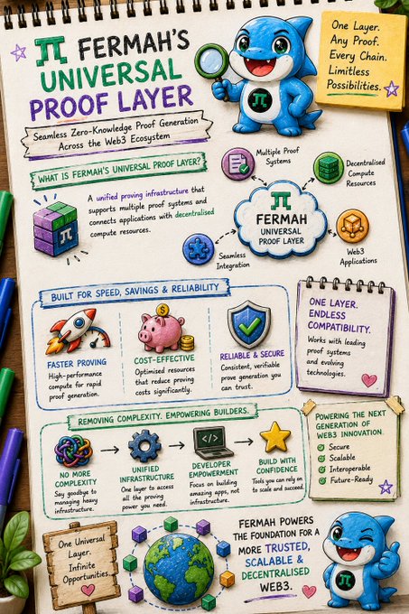 An infographic titled 'FERMAH'S UNIVERSAL PROOF LAYER' describing seamless zero-knowledge proof generation across the Web3 ecosystem, featuring a mascot character and sections on speed, savings, and reliability.