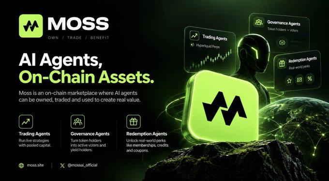 A promotional graphic for MOSS marketplace describes it as an 'AI Agents, On-Chain Assets' platform featuring Trading Agents, Governance Agents, and Redemption Agents with a green robotic figure.